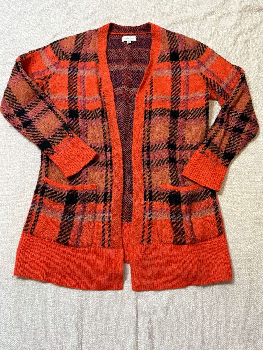 Lucky Brand Orange Plaid Wool Blend Cardigan S Boho Cottagecore Fall